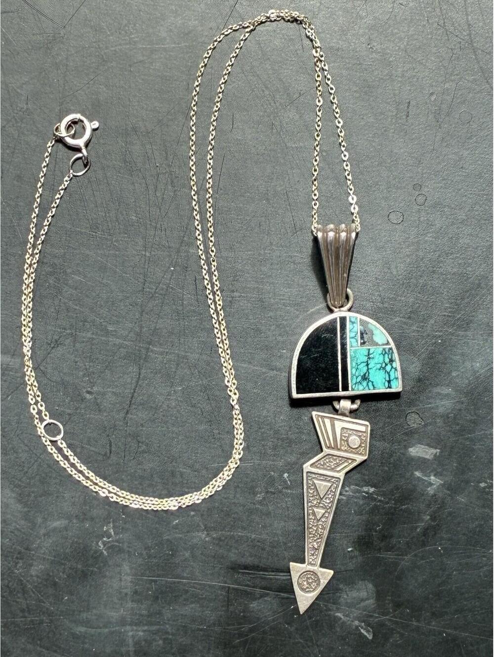 Ray Tracey Sterling Turquoise Onyx Pendant Necklace Navajo 18” Chain - Picture 4 of 9